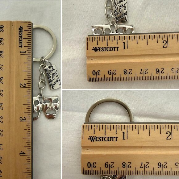 Theater Masks Keychain Bag Charm 3 Inch Silver Tone Drama Comedy Accessory - Picture 4 of 6